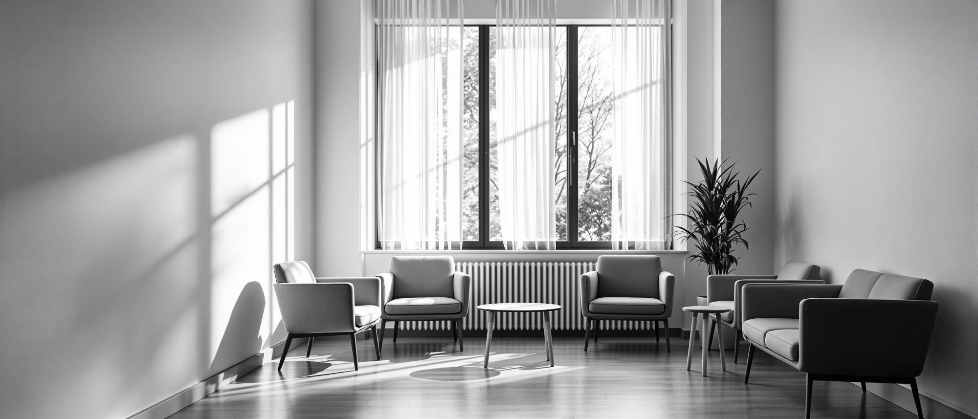 Sala de espera de clínica privada vacía a primera hora, con luz natural
        entrando por un ventanal alto sobre una fila de butacas.